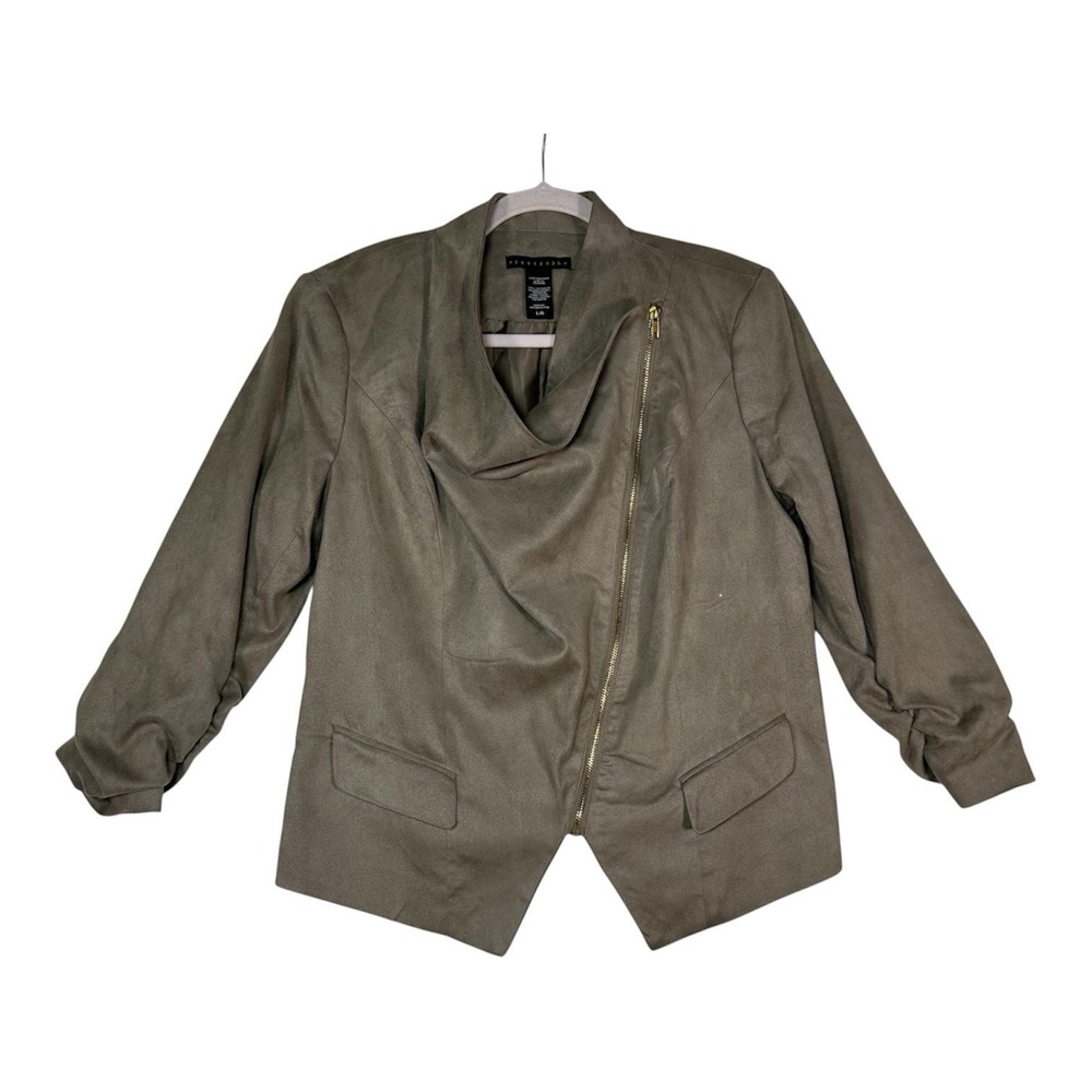 Apostrophe Faux Suede Jacket L Taupe‎ Brown Asymmetric Drape Moto Indie Sleaze